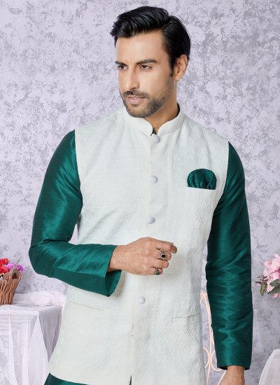 
                            Banarasi Silk Fancy Green and Off White Kurta Payjama With Jacket