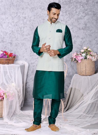 Banarasi Silk Fancy Green and Off White Kurta Payjama With Jacket