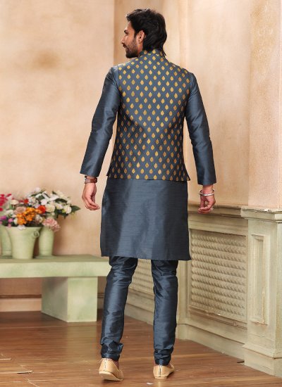 Banarasi Silk Fancy Kurta Payjama With Jacket in Grey