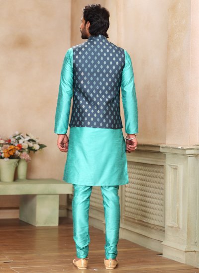 Banarasi Silk Green and Grey Kurta Payjama With Jacket