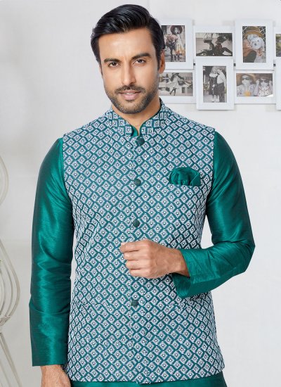 
                            Banarasi Silk Green Fancy Kurta Payjama With Jacket
