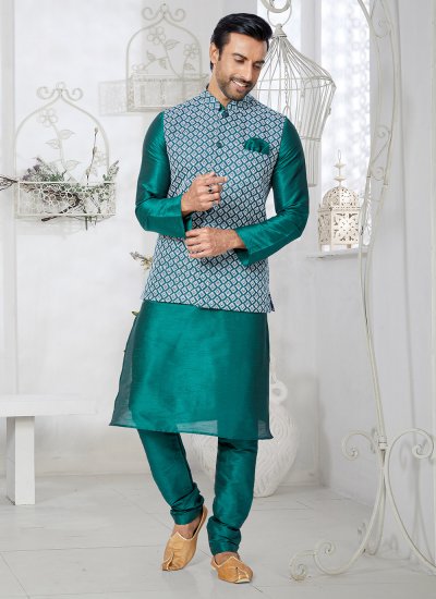 Banarasi Silk Green Fancy Kurta Payjama With Jacket