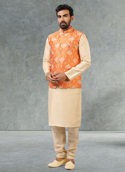 Banarasi Silk Jacquard Work Kurta Payjama With Jacket in Beige and Orange