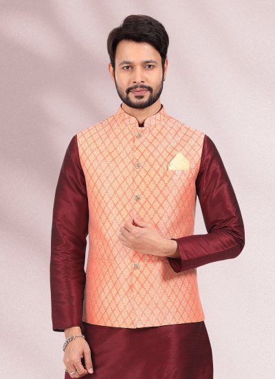 Banarasi Silk Jacquard Work Kurta Payjama With Jacket in Maroon and Peach