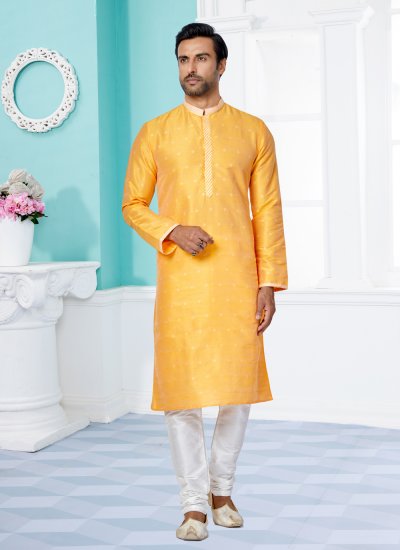 Banarasi Silk Jacquard Work Kurta Pyjama in Yellow