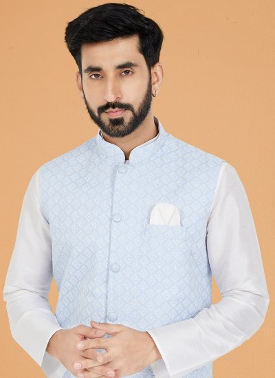 Banarasi Silk Kurta Payjama With Jacket in Aqua Blue and White