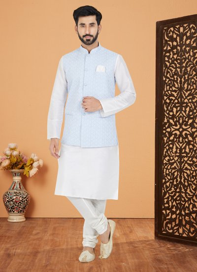 Banarasi Silk Kurta Payjama With Jacket in Aqua Blue and White