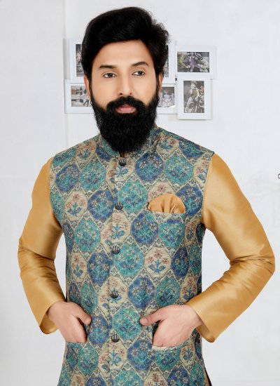 Banarasi Silk Kurta Payjama With Jacket in Beige and Multi Colour