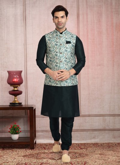 Banarasi Silk Kurta Payjama With Jacket in Black and Cream