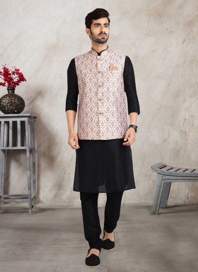 Banarasi Silk Kurta Payjama With Jacket in Black and Pink