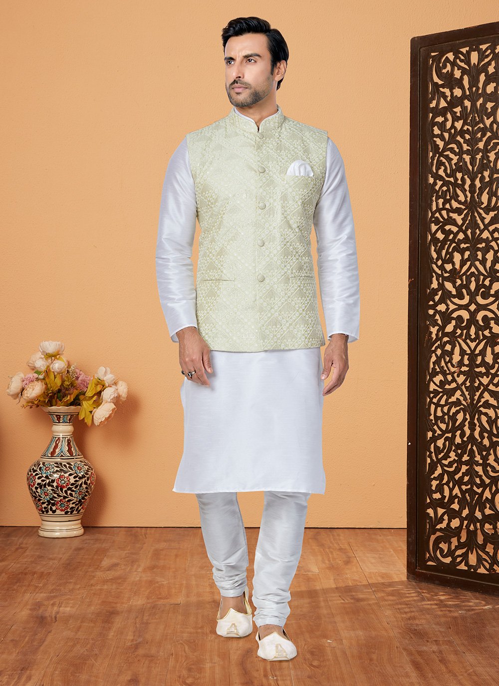 White kurta pajama with green online jacket