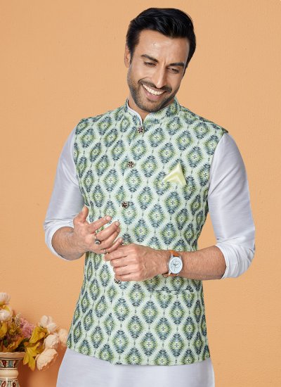 Banarasi Silk Kurta Payjama With Jacket in Multi Colour and Off White