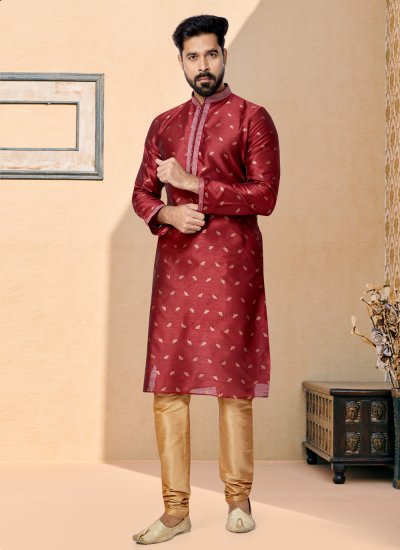 
                            Banarasi Silk Maroon Jacquard Work Kurta Pyjama