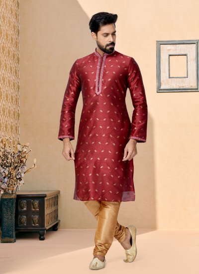 Banarasi Silk Maroon Jacquard Work Kurta Pyjama