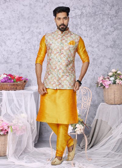 Banarasi Silk Multi Colour and Mustard Embroidered Kurta Payjama With Jacket