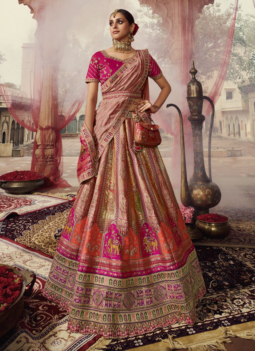 Hot Pink Handwoven Banarasi Silk Lehenga – Chinaya Banaras
