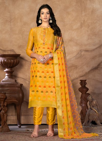Banarasi Silk Mustard Designer Pant Style Suit