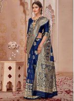 Banarasi Silk Navy Blue Weaving Designer Saree