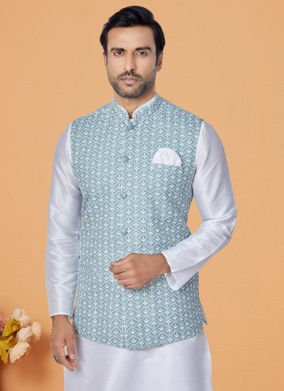 Banarasi Silk Off White and Turquoise Fancy Kurta Payjama With Jacket