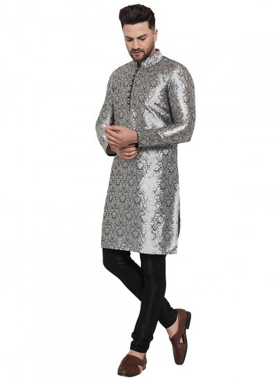 Banarasi Silk Patchwork Grey Kurta Pyjama