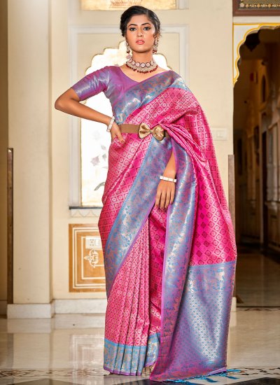 Banarasi Silk Pink Jacquard Work Contemporary Saree