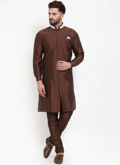 Banarasi Silk Plain Kurta Pyjama in Brown