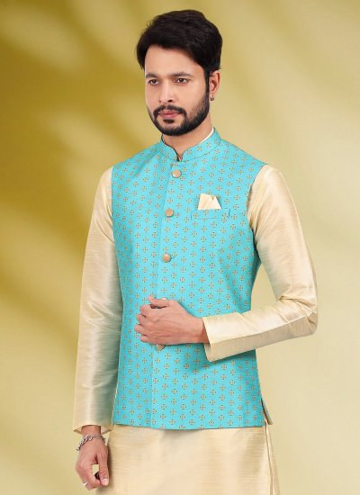 
                            Banarasi Silk Printed Aqua Blue and Cream Kurta Payjama With Jacket
