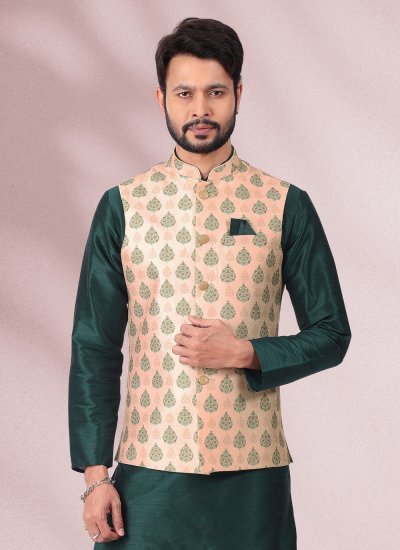 
                            Banarasi Silk Printed Green and Peach Kurta Payjama With Jacket