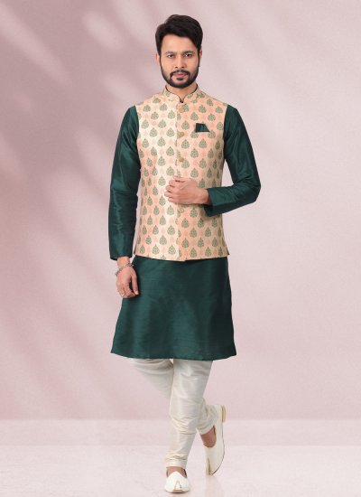 Banarasi Silk Printed Green and Peach Kurta Payjama With Jacket