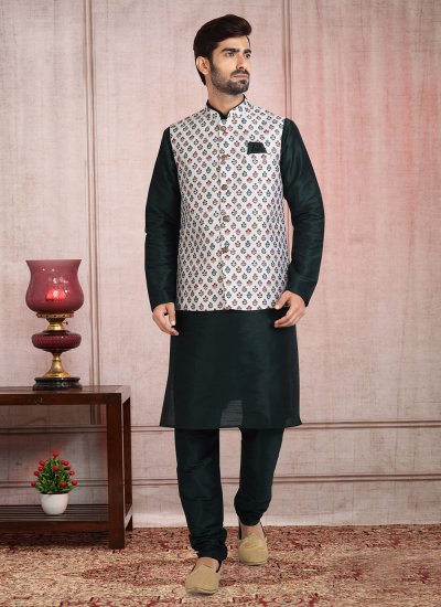Banarasi Silk Printed Kurta Payjama With Jacket in Black and Off White