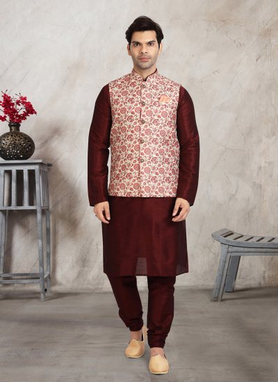 Banarasi Silk Printed Kurta Payjama With Jacket in Cream and Maroon