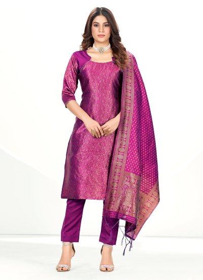 Banarasi Silk Purple Woven Straight Salwar Suit