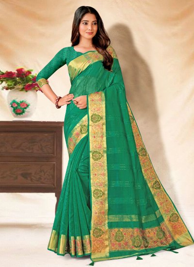 Banarasi Silk Sea Green Embroidered Saree