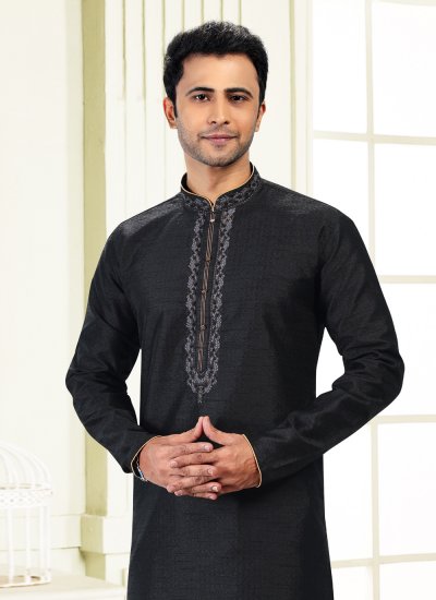 Banarasi Silk Thread Work Black Kurta Pyjama