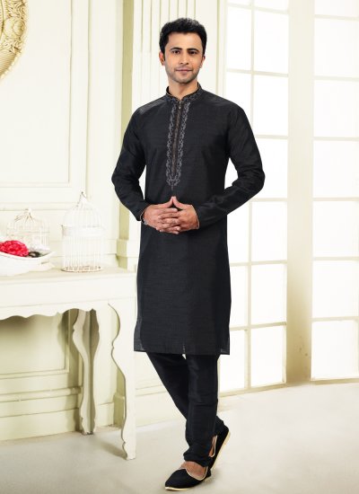 Banarasi Silk Thread Work Black Kurta Pyjama