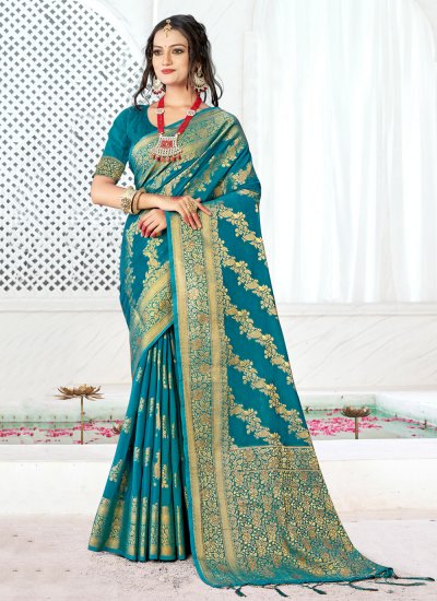 Banarasi Silk Weaving Turquoise Traditional Saree