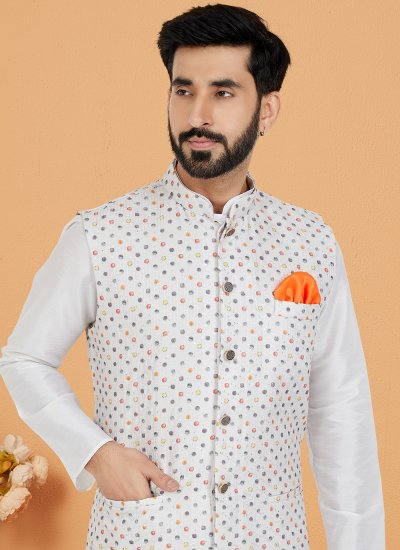 Banarasi Silk White Embroidered Kurta Payjama With Jacket