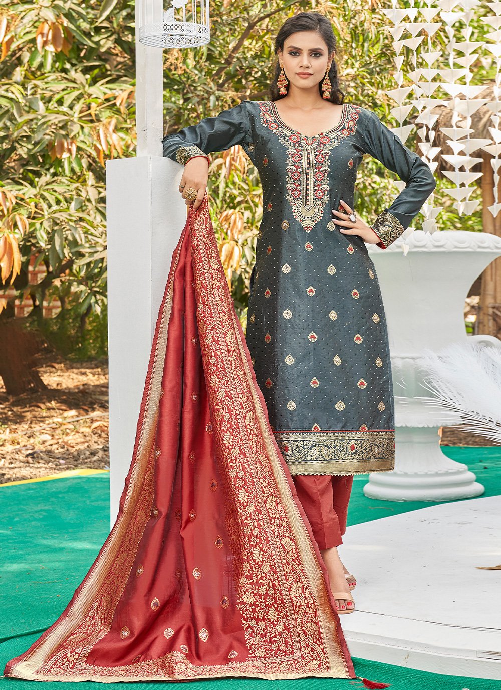 Festive Wear Embroidered Designer Straight Cut Salwar Suit In Net Fabric