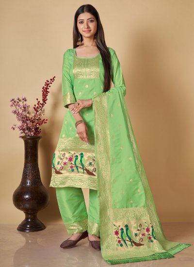 Banarasi Silk Woven Long Length Salwar Kameez in Green