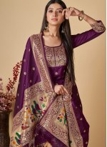Banarasi Silk Woven Purple Straight Salwar Suit