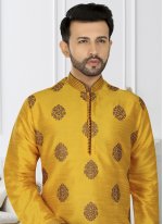 Banarasi Silk Yellow Embroidered Kurta Pyjama