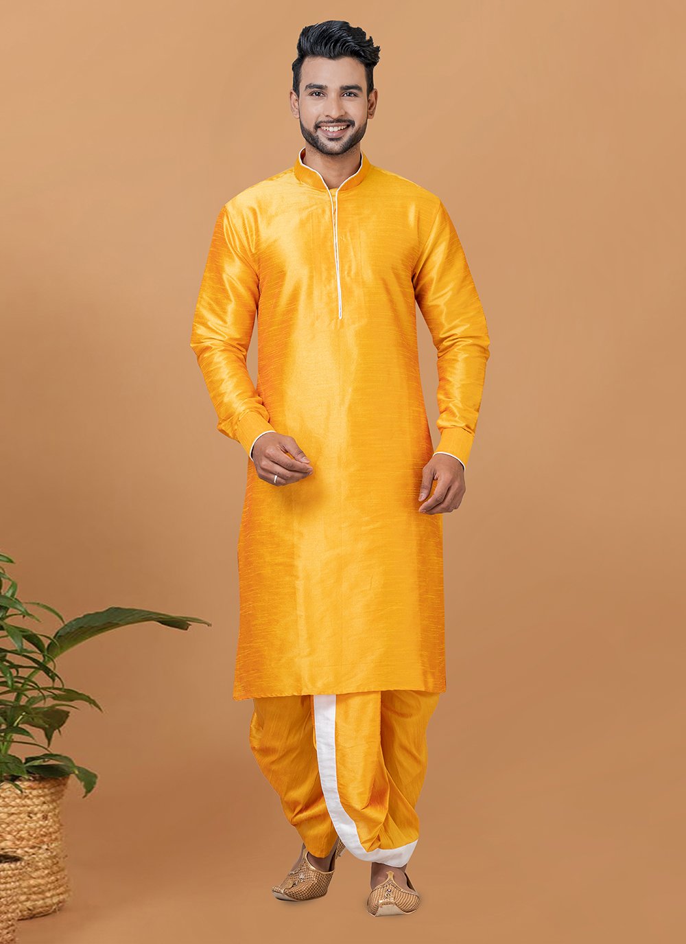 SareeSaga Banarasi Silk Yellow Plain Dhoti Kurta