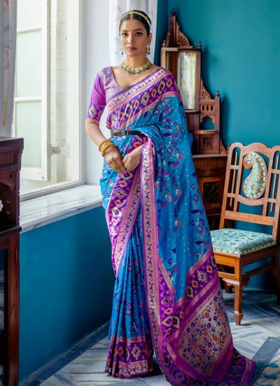 Banarasi Silk Zari Contemporary Saree in Aqua Blue