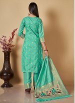 Banarasi Silk Zari Long Length Salwar Suit in Turquoise