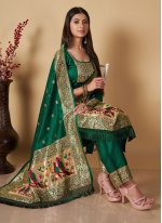 Banarasi Silk Zari Pant Style Suit in Green