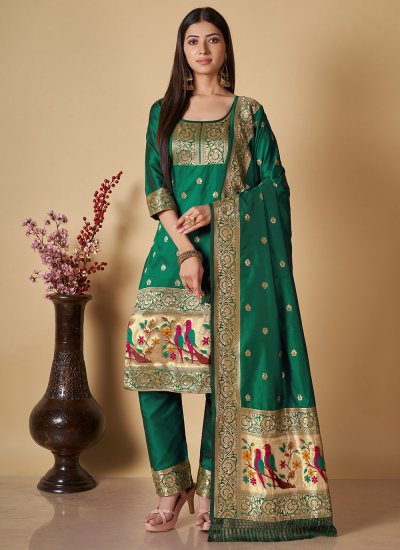 Banarasi Silk Zari Pant Style Suit in Green