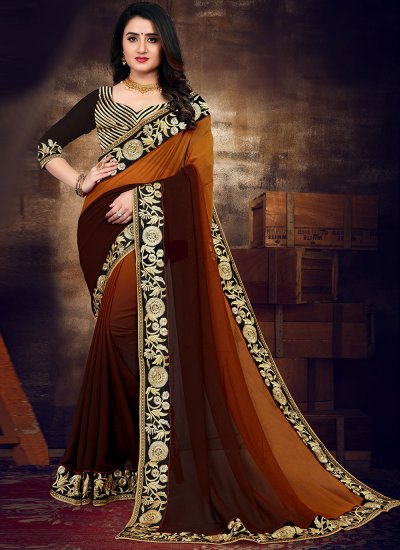 Baronial Embroidered Brown Satin Silk Shaded Saree