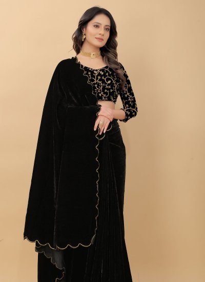 Baronial Velvet Black Embroidered Saree