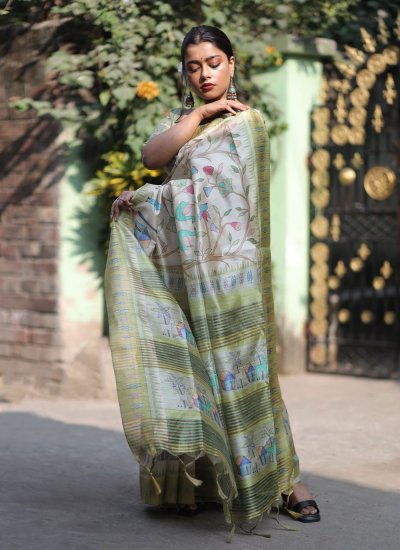 Beautiful Green Printed Silk Classic Saree
