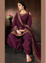 Bedazzling Cotton Purple Designer Patiala Suit